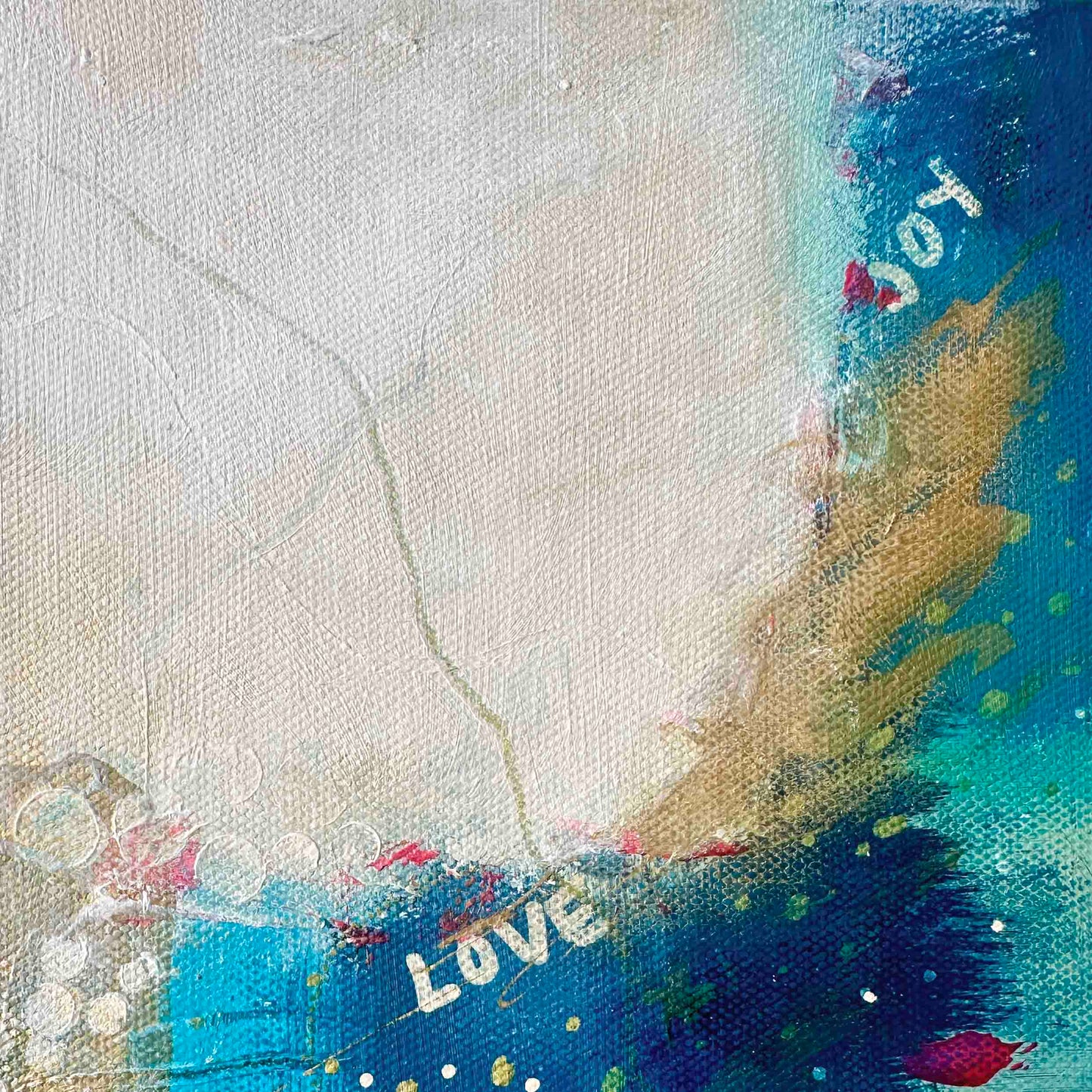 Small abstract original painting inspired by the colours of the ocean in Cornwall. The words Love and Joy can be found within the painting