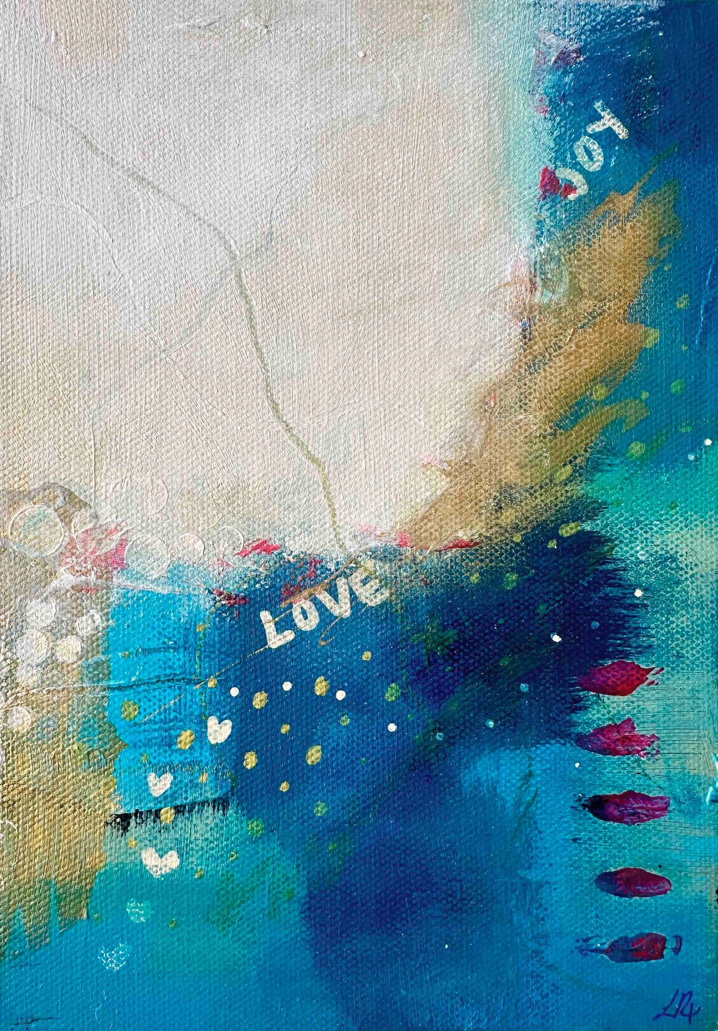 Small abstract original painting inspired by the colours of the ocean in Cornwall. The words Love and Joy can be found within the painting