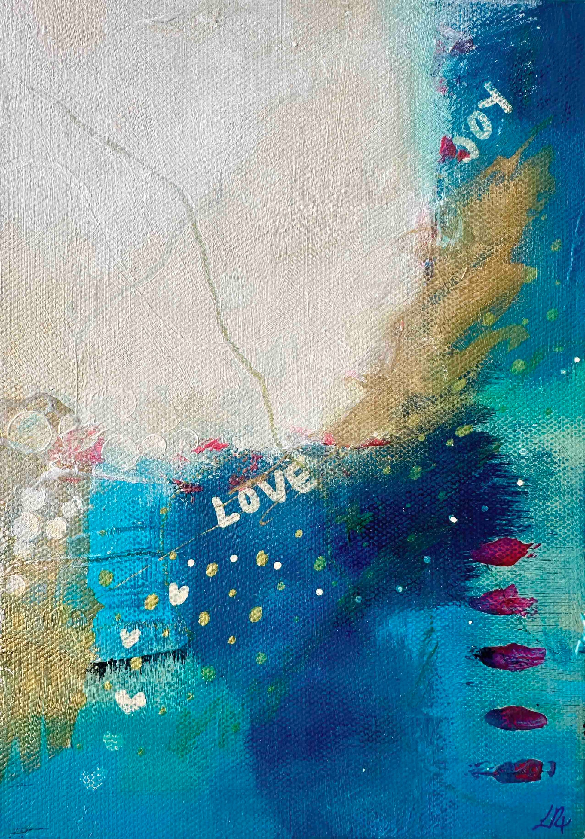 Small abstract original painting inspired by the colours of the ocean in Cornwall.  The words Love and Joy can be found within the painting