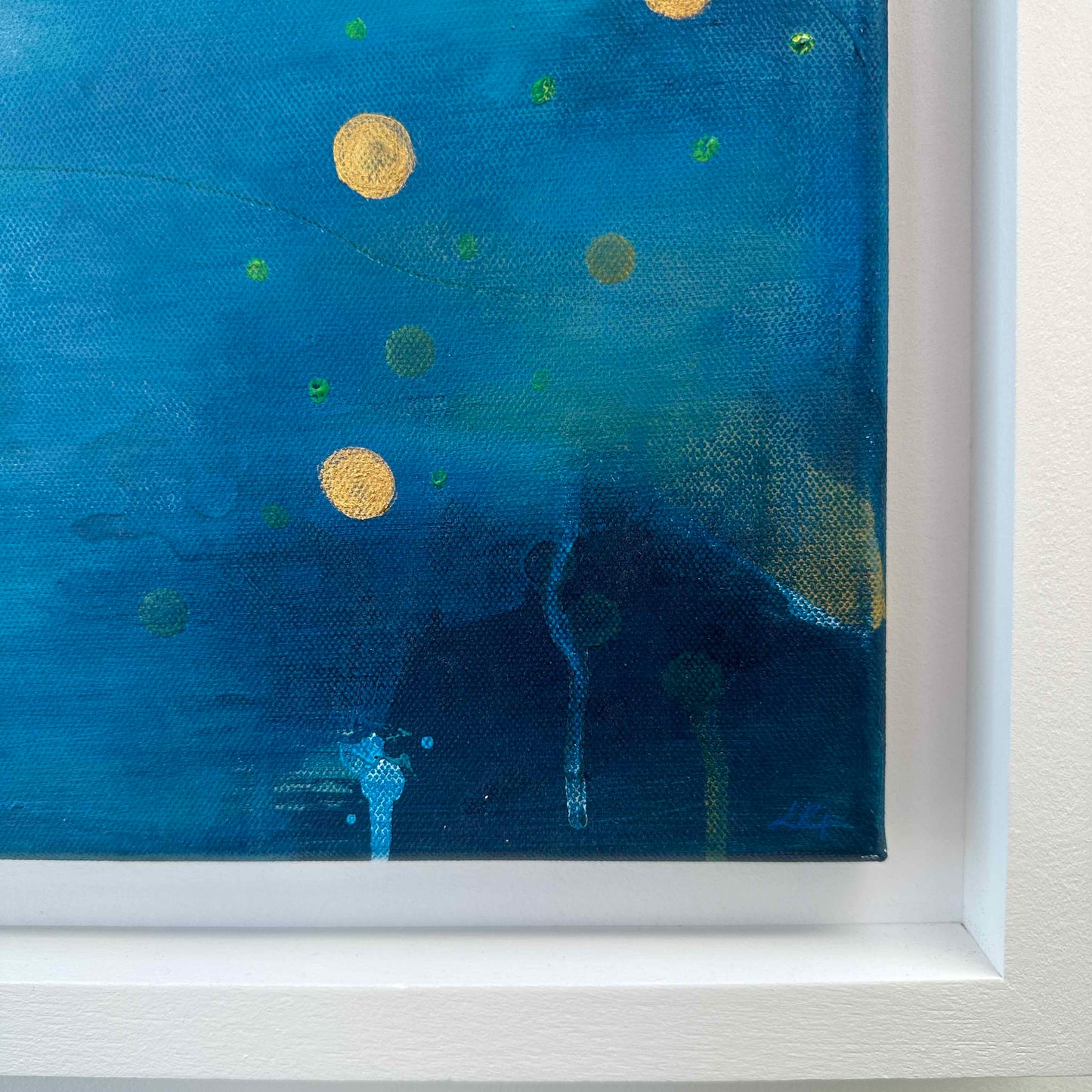 Large abstract original painting inspired by the colours of the ocean in Cornwall. The words Love and Joy can be found within the painting