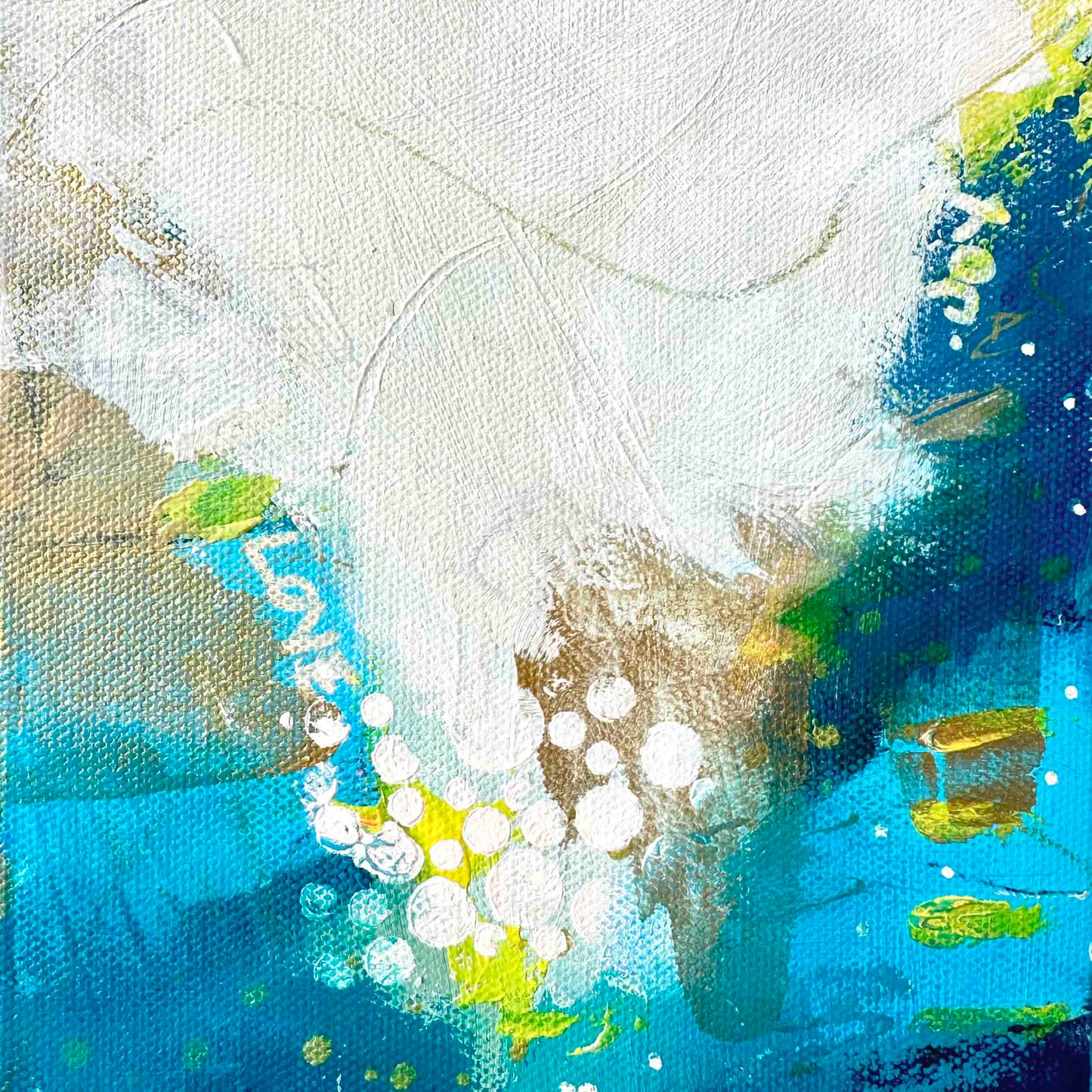 Small abstract original painting inspired by the colours of the ocean in Cornwall. The words Love and Joy can be found within the painting