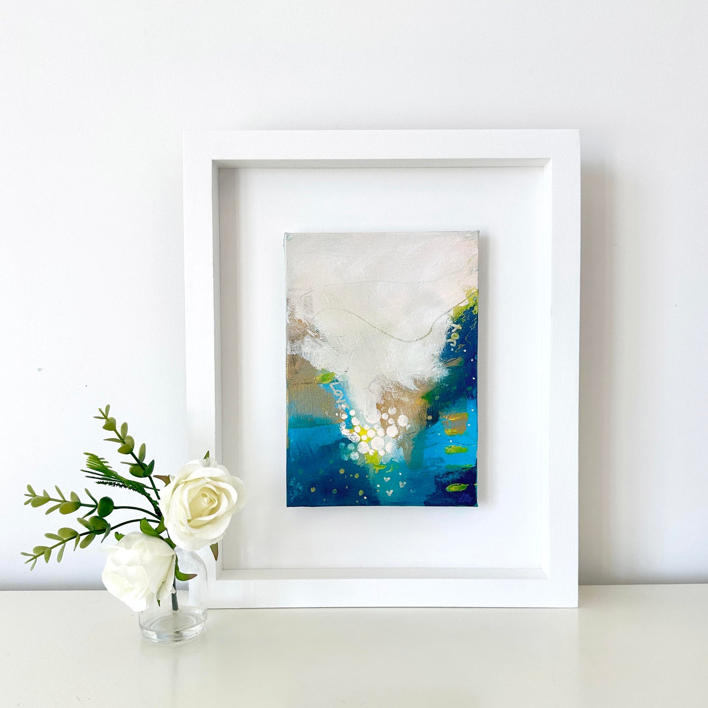 Small abstract original painting inspired by the colours of the ocean in Cornwall. The words Love and Joy can be found within the painting