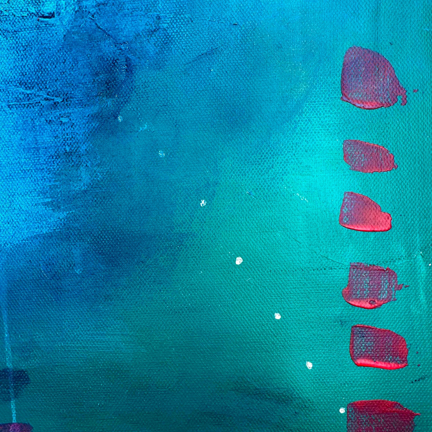 Large abstract original painting inspired by the colours of the ocean in Cornwall. The words Love and Joy can be found within the painting