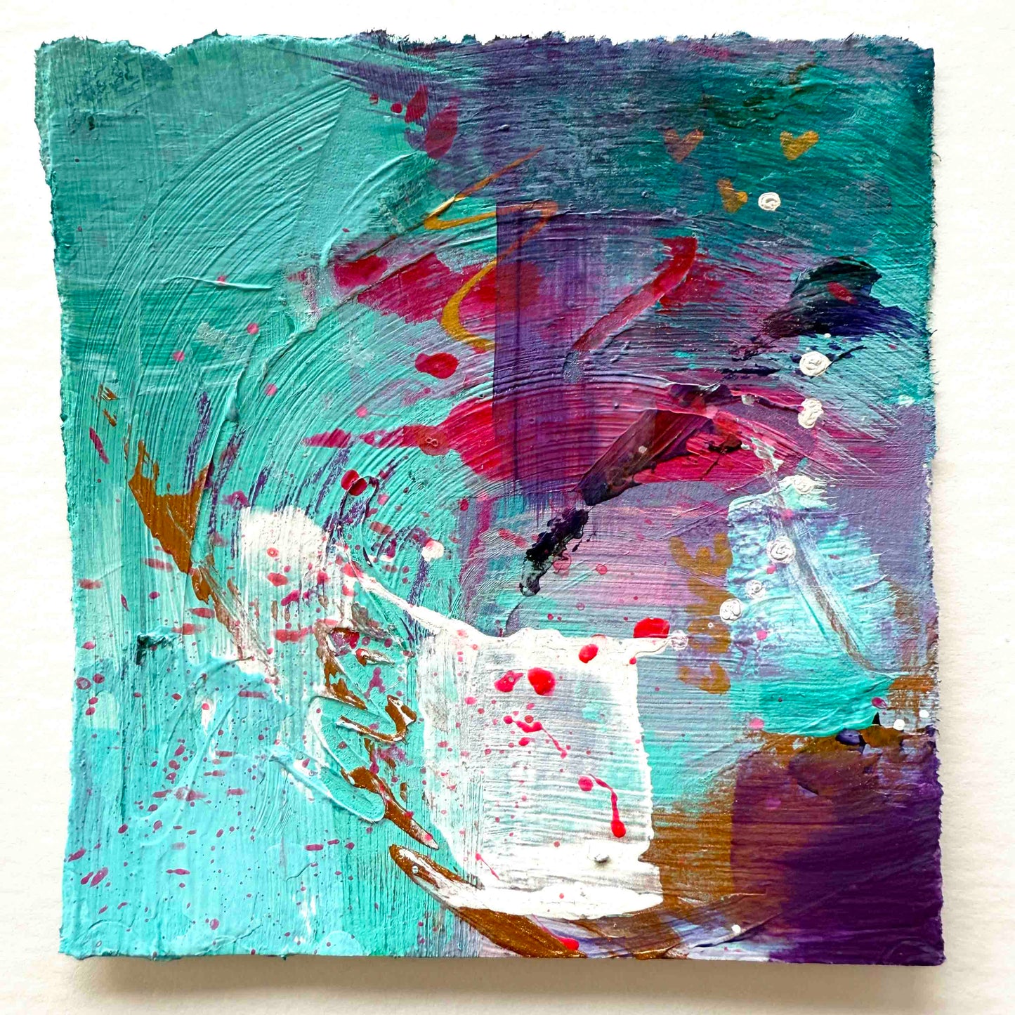 Abstract mini painting in pink, purple, copper and aqua blue with the word love