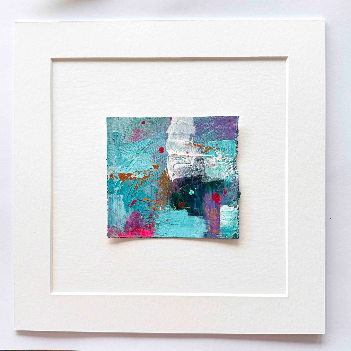 Abstract mini painting in pink, purple, copper and aqua blue with the word love