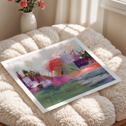 Where The Tide Lifts Abstract art print on a textured surface with a vase of flowers in the background.