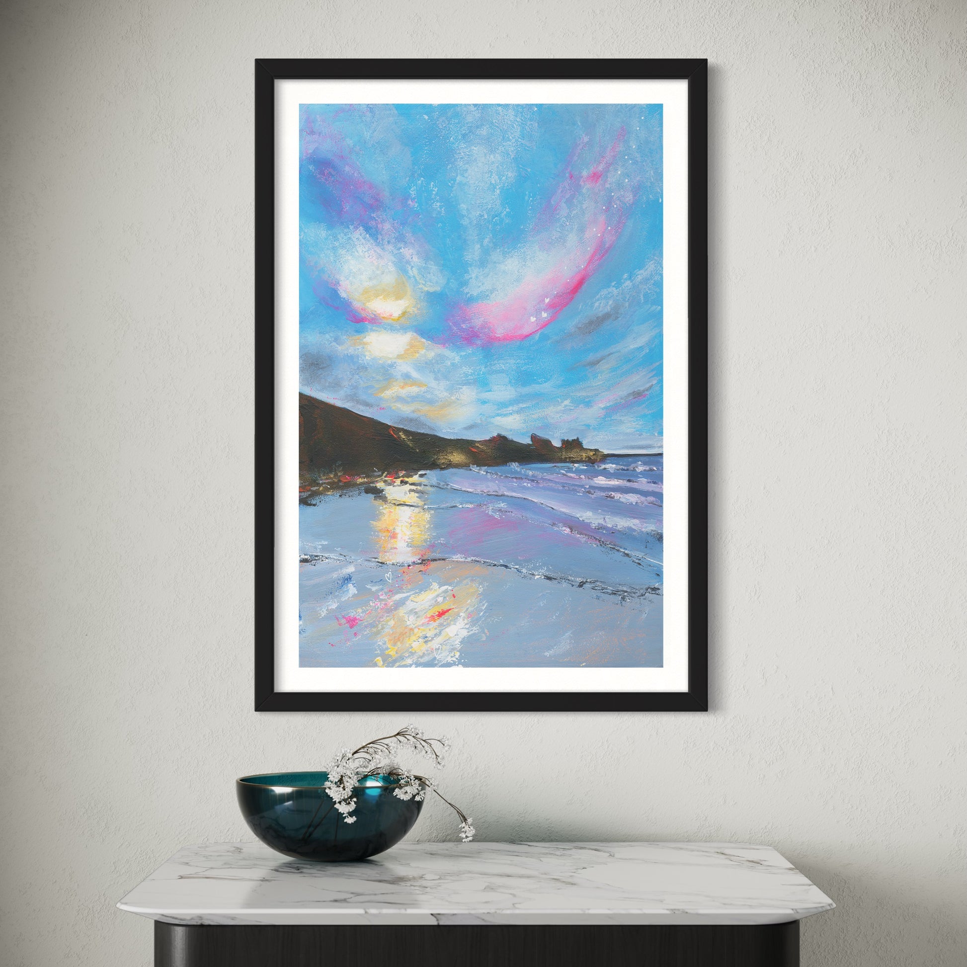 Colourful seascape print of porthmeor beach in St Ives Cornwall by Leana Robinson Art