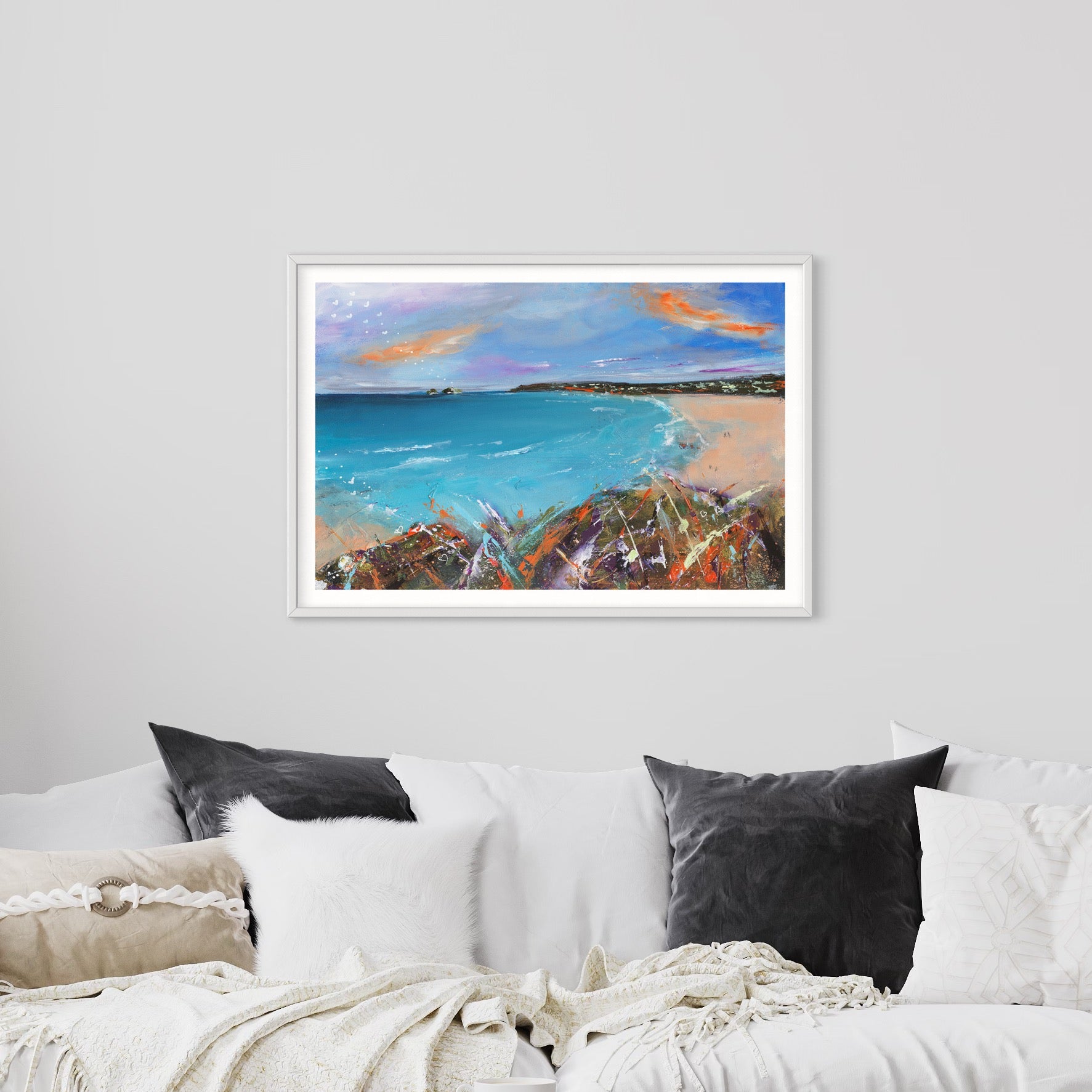 Leana Robinson art, cornish coast colourful seascape, Gwithian beach, godrevy light house