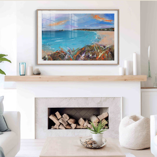 Leana Robinson art, cornish coast colourful seascape, Gwithian beach, godrevy light house
