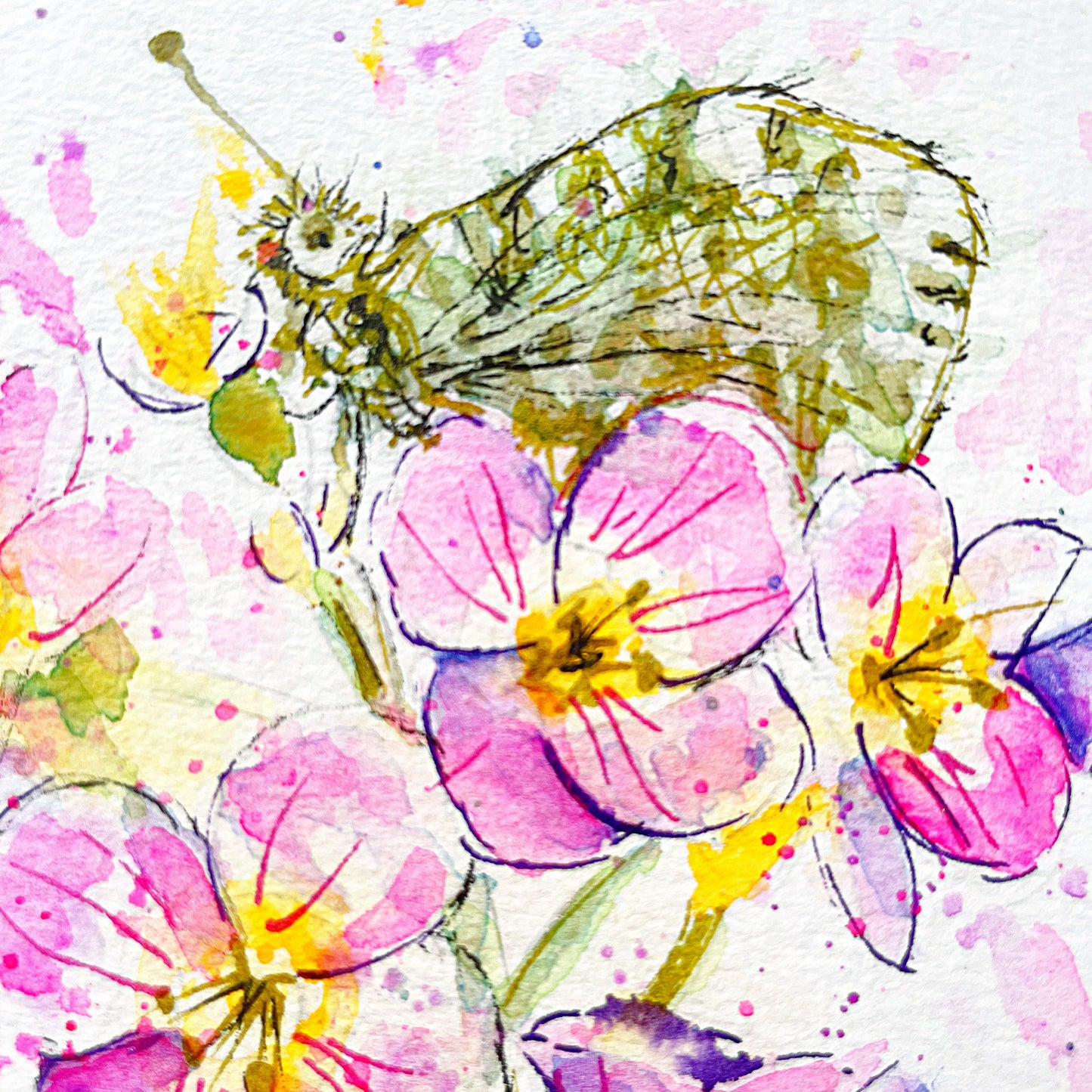 Original Watercolour flower and butterfly Painting