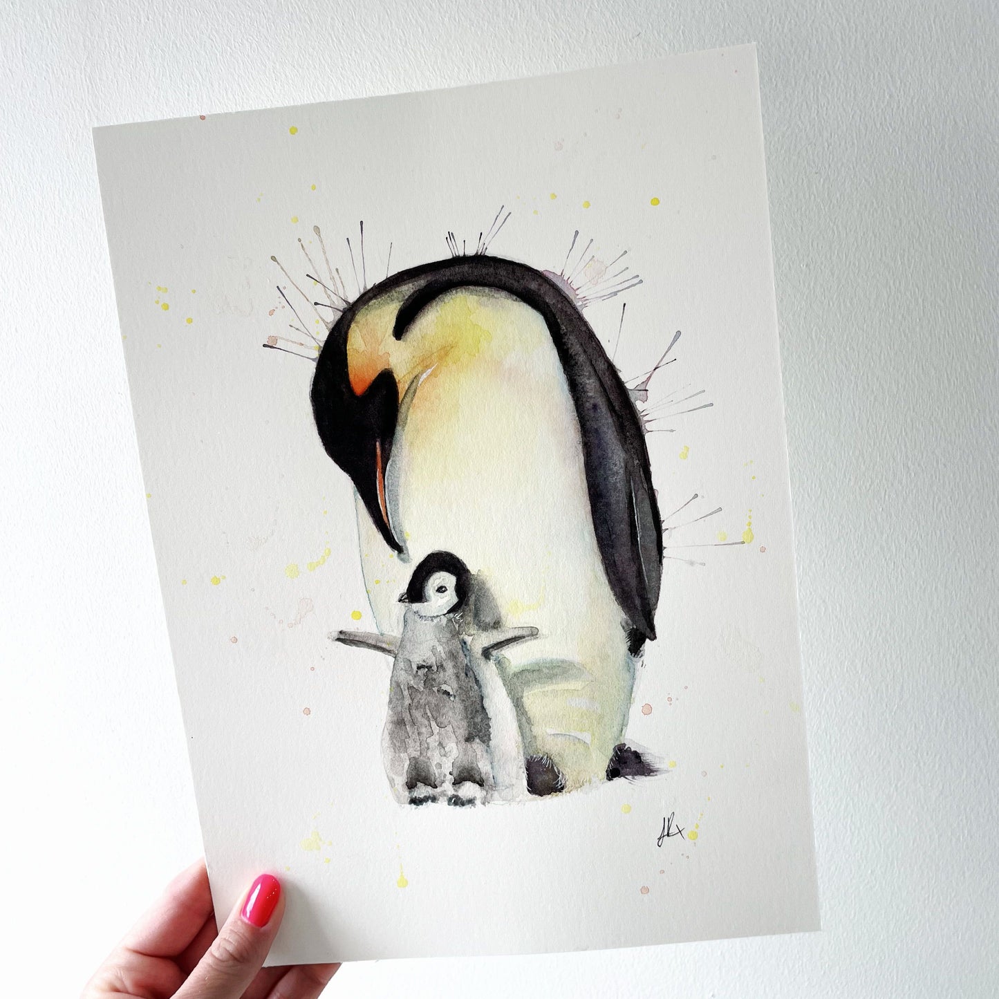 Original Watercolour Penguin Mum and Baby Painting Art