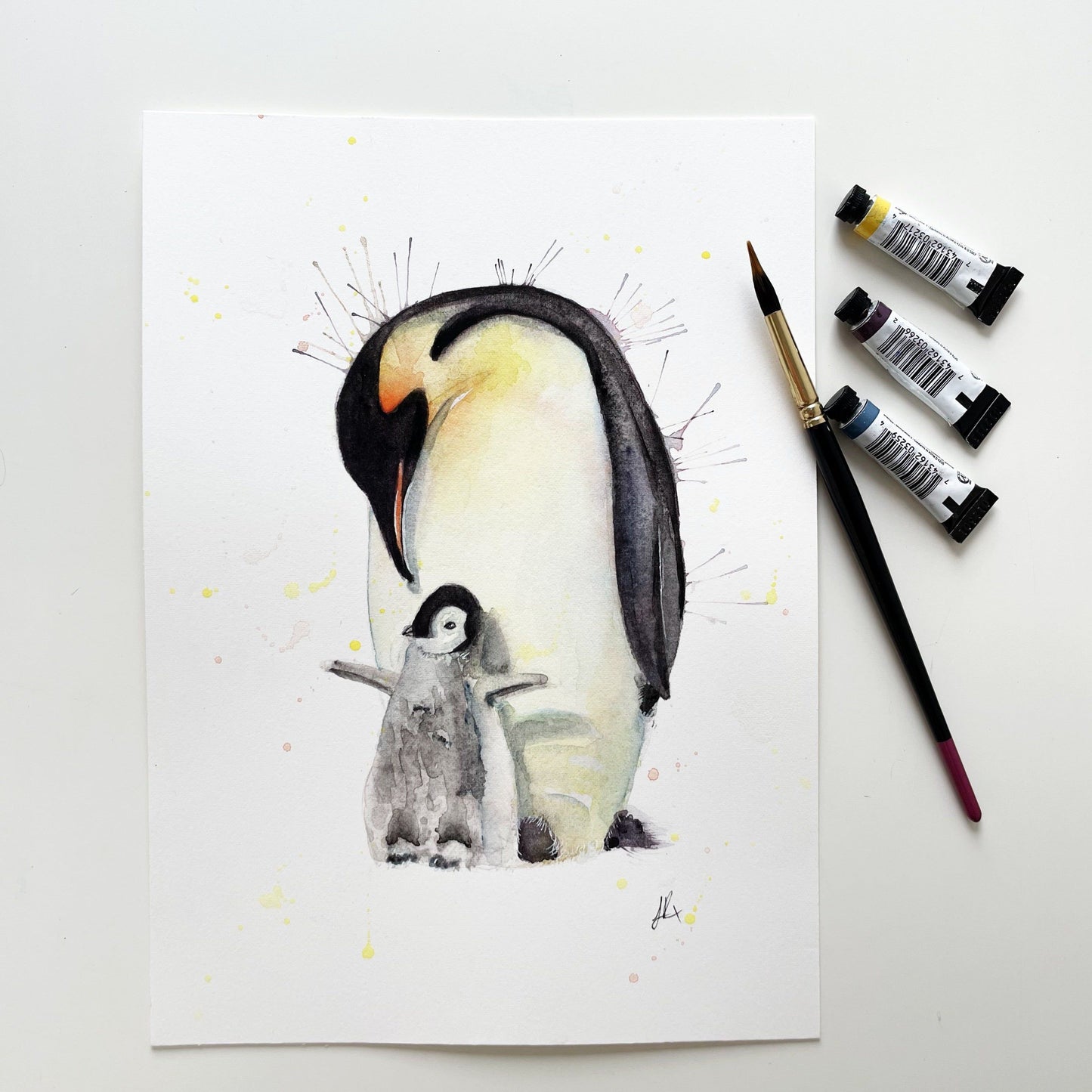 Original Watercolour Penguin Mum and Baby Painting Art
