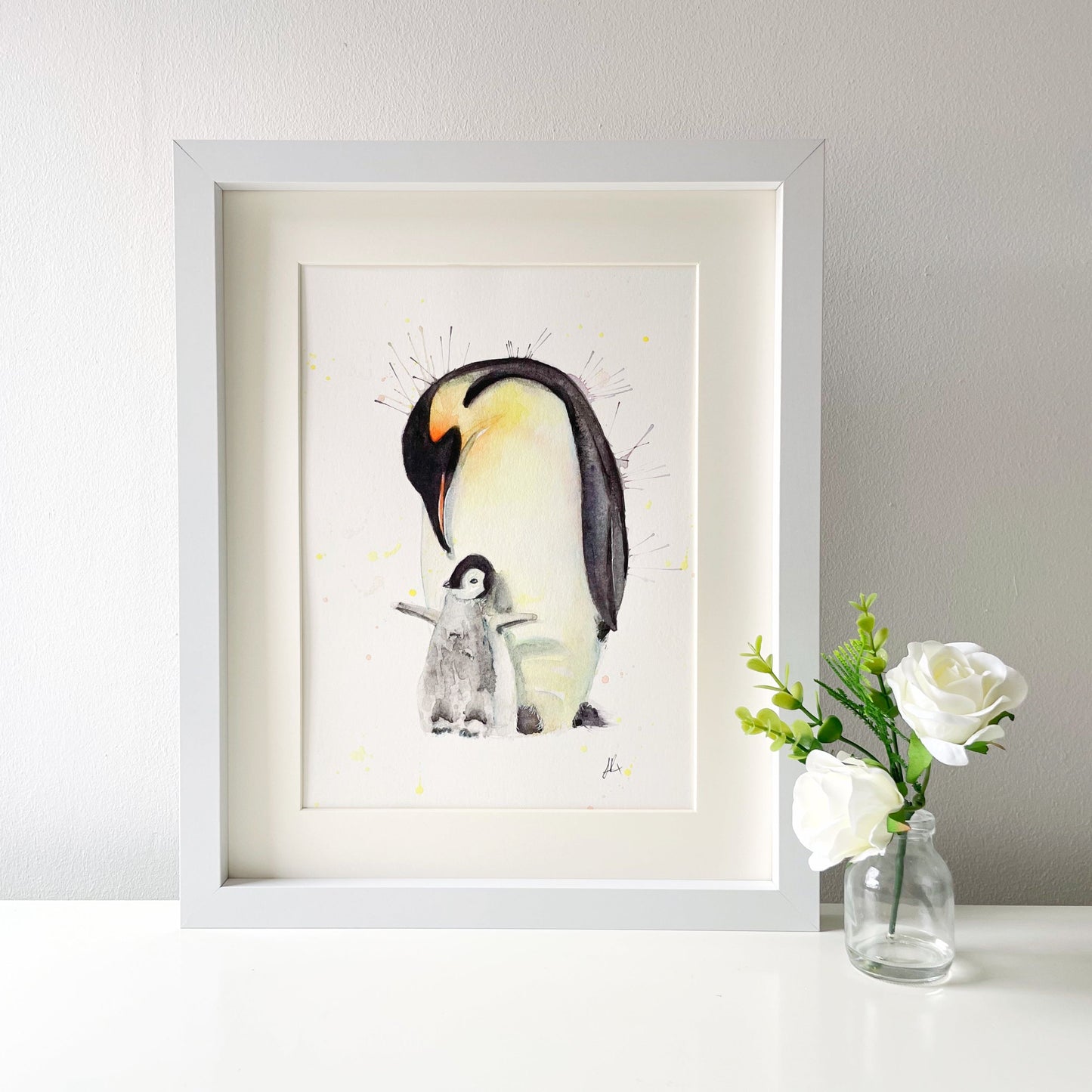 Original Watercolour Penguin Mum and Baby Painting Art