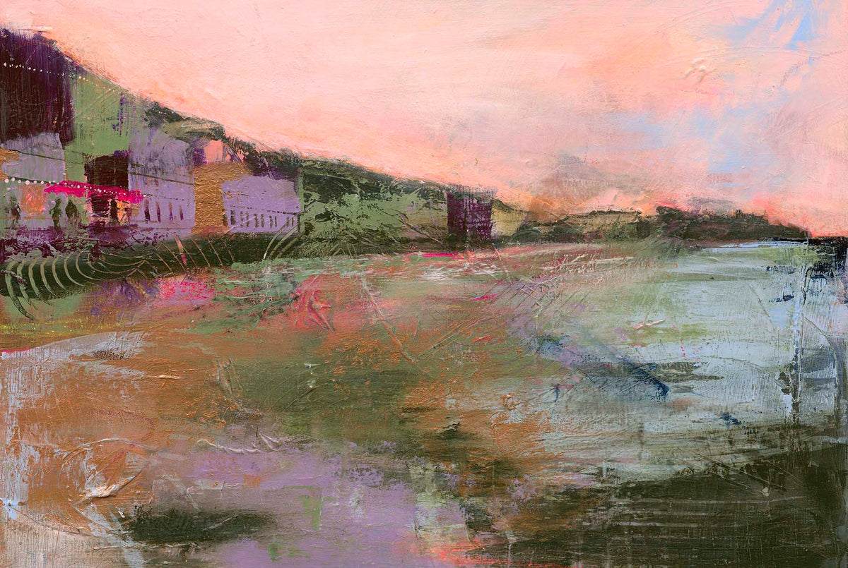 Painting of a porthmeor beach st ives at sunset
