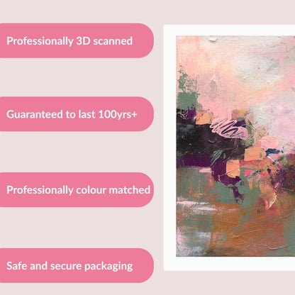 Abstract print with text about 3D scanning, longevity, color matching, and packaging on a light pink background.