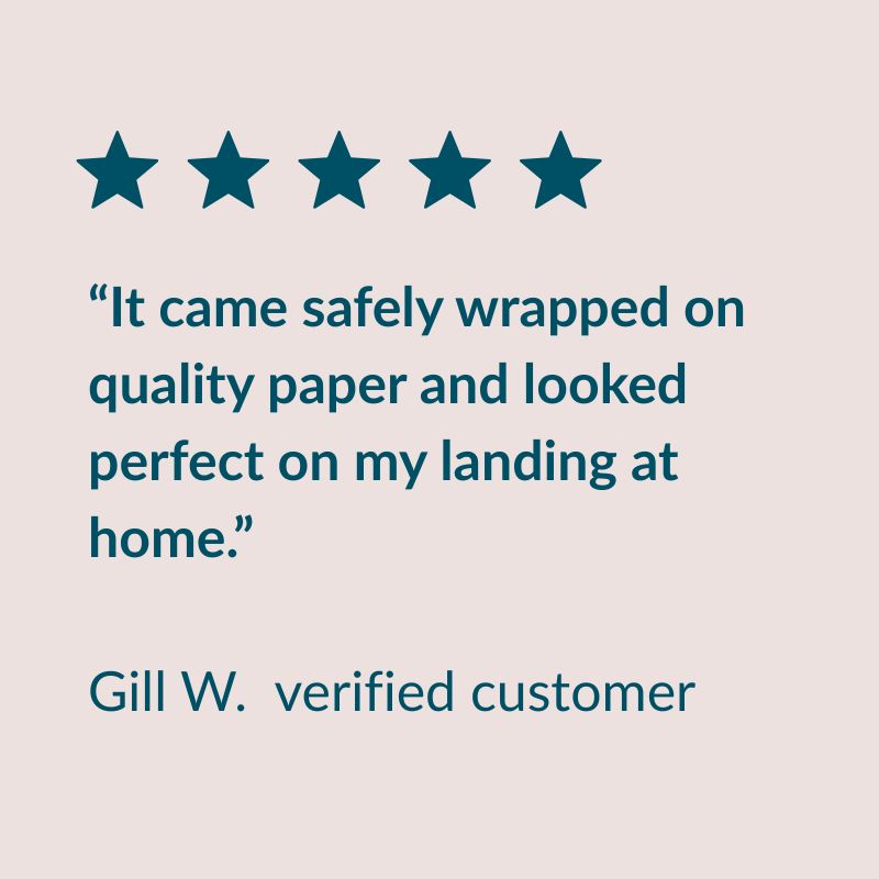Five-star review with text and star icons on a beige background