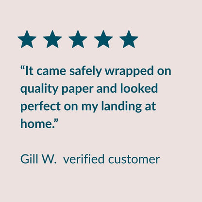 Five-star review with text and star icons on a beige background