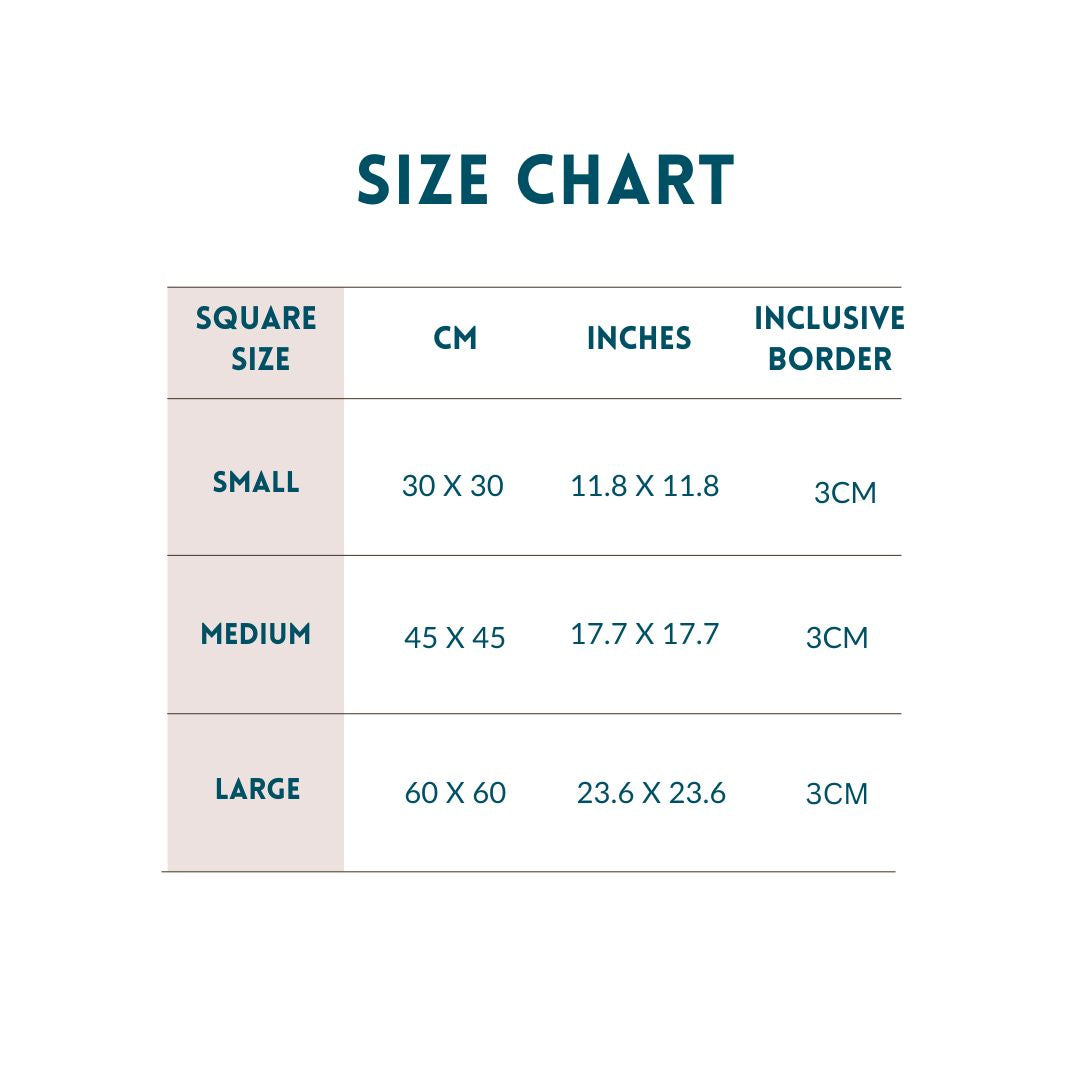 Size chart for square patterns with dimensions in cm and inches.