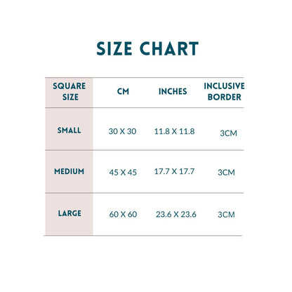 Size chart for square patterns with dimensions in cm and inches.