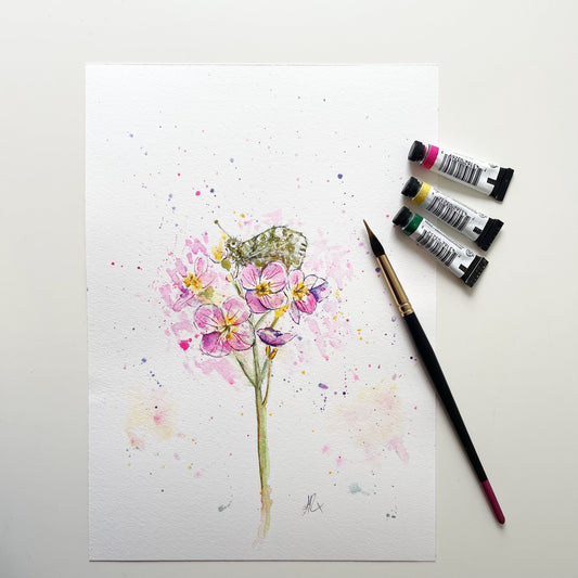 Original Watercolour flower and butterfly Painting