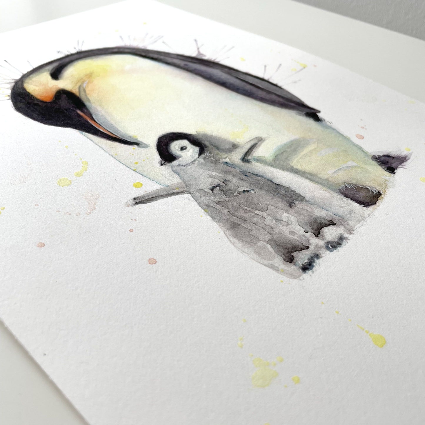 Original Watercolour Penguin Mum and Baby Painting Art