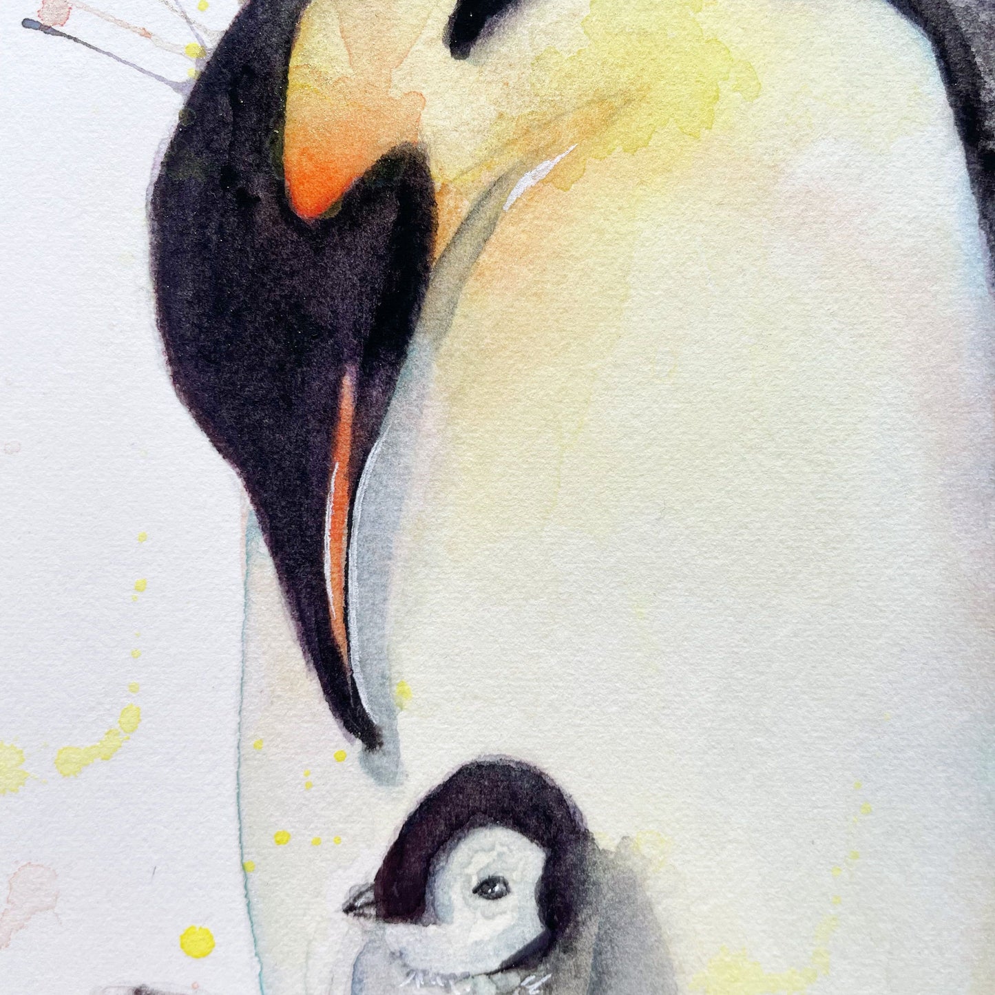 Original Watercolour Penguin Mum and Baby Painting Art